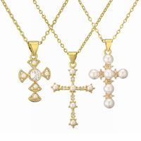 Casual Simple Style Cross Copper Gold Plated Pearl Zircon Pendant Necklace In Bulk main image 1