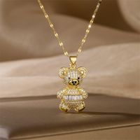 Cartoon Style Cute Little Bear Stainless Steel Copper Plating Inlay Zircon Gold Plated Pendant Necklace main image 6