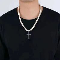 Casual Simple Style Cross Imitation Pearl Alloy Beaded Plating Inlay Rhinestones Men's Pendant Necklace Long Necklace main image 1