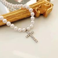 Casual Simple Style Cross Imitation Pearl Alloy Beaded Plating Inlay Rhinestones Men's Pendant Necklace Long Necklace main image 5