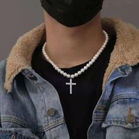 Casual Simple Style Cross Imitation Pearl Alloy Beaded Plating Inlay Rhinestones Men's Pendant Necklace Long Necklace main image 3