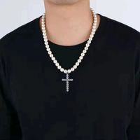 Casual Simple Style Cross Imitation Pearl Alloy Beaded Plating Inlay Rhinestones Men's Pendant Necklace Long Necklace sku image 1