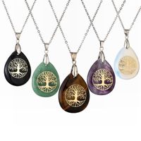 Classical Tree Water Droplets Stainless Steel Natural Stone Pendant Necklace In Bulk main image 1