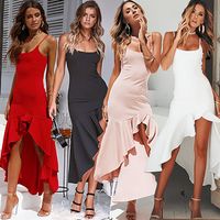 Femmes Robe À Bretelles Élégant Sexy Col En U Asymétrique Ourlet Volanté Dos Nu Sans Manches Couleur Unie Au Genou Banquet main image 11