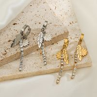 1 Pair Artistic Feather Plating Inlay Titanium Steel Zircon 18k Gold Plated Drop Earrings main image 4
