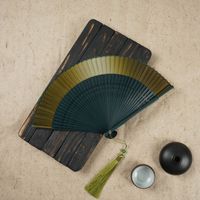 Cabeza De Abanico Verde Abanico De Bambú Hueco De Seda Arcaico Plegable Ventilador Escénico Para Mujer Regalos De Estilo Chino Ventilador Plegable Logo Imprimible sku image 8