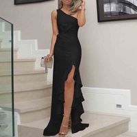 Women's Sheath Dress Elegant Sexy Formal Oblique Collar Thigh Slit Ruffle Hem Pleated Sleeveless Solid Color Maxi Long Dress Banquet Party Cocktail Party sku image 13