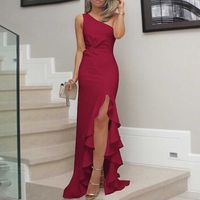 Women's Sheath Dress Elegant Sexy Formal Oblique Collar Thigh Slit Ruffle Hem Pleated Sleeveless Solid Color Maxi Long Dress Banquet Party Cocktail Party main image 3
