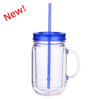 European And American Solid Color Plastic Coctail Glass With Handle Wholesale Double Layer Plastic Mason Bottle Daily Tumbler With Straw sku image 14