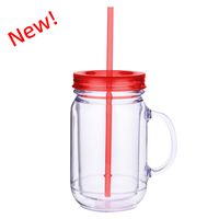 European And American Solid Color Plastic Coctail Glass With Handle Wholesale Double Layer Plastic Mason Bottle Daily Tumbler With Straw sku image 12