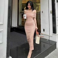 Women's Sheath Dress Elegant Sexy Off Shoulder Ruched Short Sleeve Solid Color Maxi Long Dress Banquet Party Date main image 2
