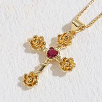 Elegant Cross Heart Shape Flower Copper Inlay Zircon 14k Gold Plated Pendant Necklace sku image 1