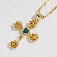 Elegant Cross Heart Shape Flower Copper Inlay Zircon 14k Gold Plated Pendant Necklace sku image 2