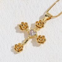 Elegant Cross Heart Shape Flower Copper Inlay Zircon 14k Gold Plated Pendant Necklace sku image 3