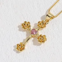 Elegant Cross Heart Shape Flower Copper Inlay Zircon 14k Gold Plated Pendant Necklace sku image 6