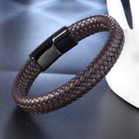 Retro Punk Solid Color Stainless Steel Pu Leather Braid Handmade None Men'S Bangle main image 6