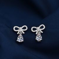 1 Pair Sweet Simple Style Round Heart Shape Bow Knot Plating Inlay Copper Zircon Silver Plated Drop Earrings main image 3