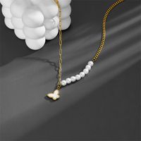 Artificial Pearl Titanium Steel 18K Gold Plated Sweet Inlay Heart Shape Butterfly Acrylic Pendant Necklace main image 2