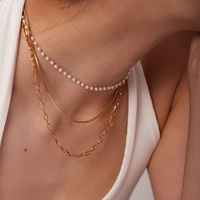 Fashion 18k Gold Stainless Steel Small Pearl Chain Three-layer Necklace Women main image 4