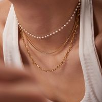 Fashion 18k Gold Stainless Steel Small Pearl Chain Three-layer Necklace Women main image 3