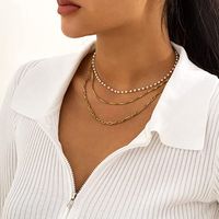 Fashion 18k Gold Stainless Steel Small Pearl Chain Three-layer Necklace Women main image 5