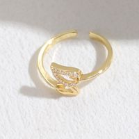 Elegant Leaf Butterfly Bow Knot Copper Inlay Zircon 14k Gold Plated Open Ring sku image 3