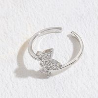 Elegant Leaf Butterfly Bow Knot Copper Inlay Zircon 14k Gold Plated Open Ring sku image 8