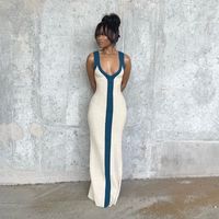 Women's Pencil Skirt Simple Style V Neck Contrast Binding Sleeveless Color Block Maxi Long Dress Holiday main image 4
