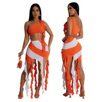 Women's Vacation Roman Style Solid Color Spandex Polyester Twilled Satin Tassel Skirt Sets main image 5