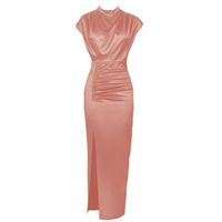 Femmes Robe Régulière Style Vintage Col Montant Plissé Manche Courte Couleur Unie Maxi Longue Robe Du Quotidien main image 2