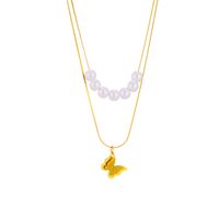 Imitation Pearl Titanium Steel 18K Gold Plated Basic Retro Butterfly Layered Necklaces main image 3