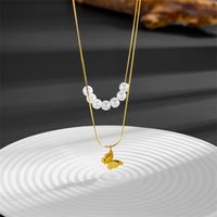 Imitation Pearl Titanium Steel 18K Gold Plated Basic Retro Butterfly Layered Necklaces main image 4