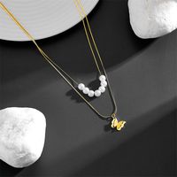 Imitation Pearl Titanium Steel 18K Gold Plated Basic Retro Butterfly Layered Necklaces main image 5