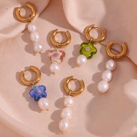 1 Pair Elegant Flower Plating Stainless Steel Freshwater Pearl 18k Gold Plated Drop Earrings main image 1