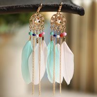 Ethnic Style Flower Feather Metal Hollow Out Inlay Artificial Pearls Rhinestones Women's Drop Earrings main image 1