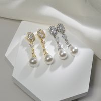 1 Pair Casual Simple Style Oval Water Droplets Plating Inlay Copper Pearl Zircon Drop Earrings main image 1