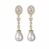 1 Pair Casual Simple Style Oval Water Droplets Plating Inlay Copper Pearl Zircon Drop Earrings main image 5