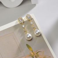 1 Pair Casual Simple Style Oval Water Droplets Plating Inlay Copper Pearl Zircon Drop Earrings main image 3