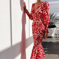 Frau Normales Kleid Elegant V-ausschnitt Lange Ärmel Ditsy Blumig Midi-kleid Ferien Reisen Selfie main image 5