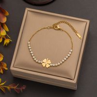 Casual Simple Style Four Leaf Clover Round Butterfly 304 Stainless Steel 18K Gold Plated Acrylic Artificial Rhinestones Resin Bracelets In Bulk main image 5