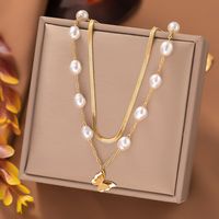 Artificial Pearl Titanium Steel 18K Gold Plated Lady Beaded Plating Butterfly Layered Necklaces main image 1