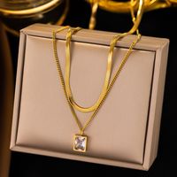304 Stainless Steel 18K Gold Plated Simple Style Commute Plating Inlay Rectangle Artificial Rhinestones Layered Necklaces main image 1