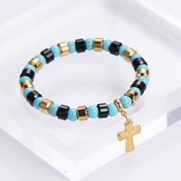 Punk Streetwear Cross Stainless Steel Turquoise Resin Plating 24k Gold Plated Bracelets main image 4