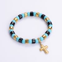 Punk Streetwear Cross Stainless Steel Turquoise Resin Plating 24k Gold Plated Bracelets sku image 1