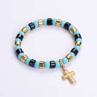 Punk Streetwear Cross Stainless Steel Turquoise Resin Plating 24k Gold Plated Bracelets main image 6