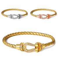 Simple Style Commute Horseshoe Leather Rope Copper Plating Hollow Out Inlay Zircon Unisex Bangle main image 4