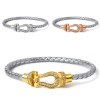 Simple Style Commute Horseshoe Leather Rope Copper Plating Hollow Out Inlay Zircon Unisex Bangle main image 5