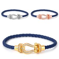 Simple Style Commute Horseshoe Leather Rope Copper Plating Hollow Out Inlay Zircon Unisex Bangle main image 2