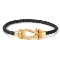 Simple Style Commute Horseshoe Leather Rope Copper Plating Hollow Out Inlay Zircon Unisex Bangle sku image 3