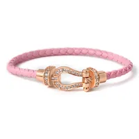 Simple Style Commute Horseshoe Leather Rope Copper Plating Hollow Out Inlay Zircon Unisex Bangle sku image 17